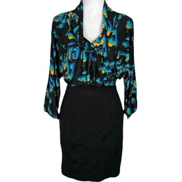 BCBGMaxazria Women 6 Abstract Paint Blue Blouson Dress Cowl‎ Neck Business - Picture 1 of 14